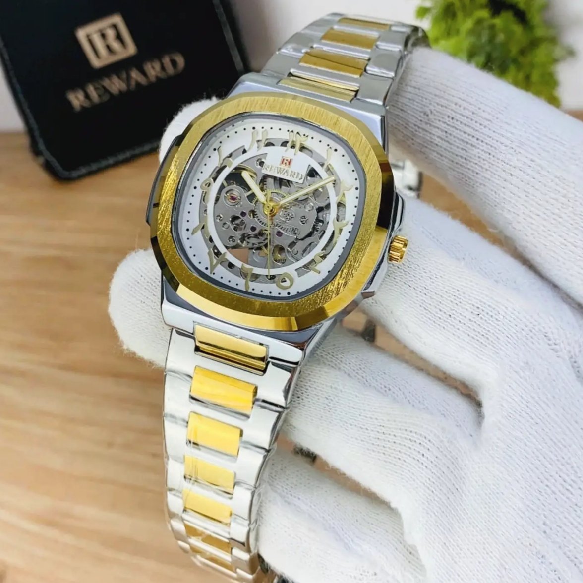 REWARD Two Tone White Dial Skeleton Watch for Men - Silver Gold Stainless Steel Luxury Watch.